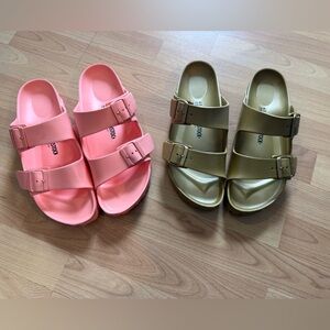 Bundle of two pairs of Birkenstock Arizona Essentials in Glamour Gold and Pink